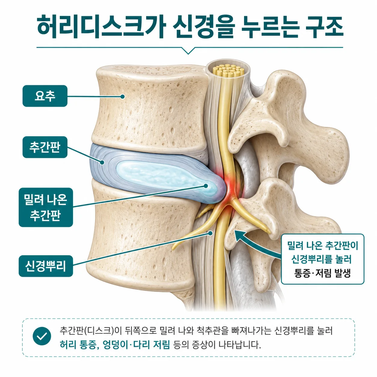 허리디스크가 신경뿌리를 누르는 구조를 보여 주는 요추 단면 그림