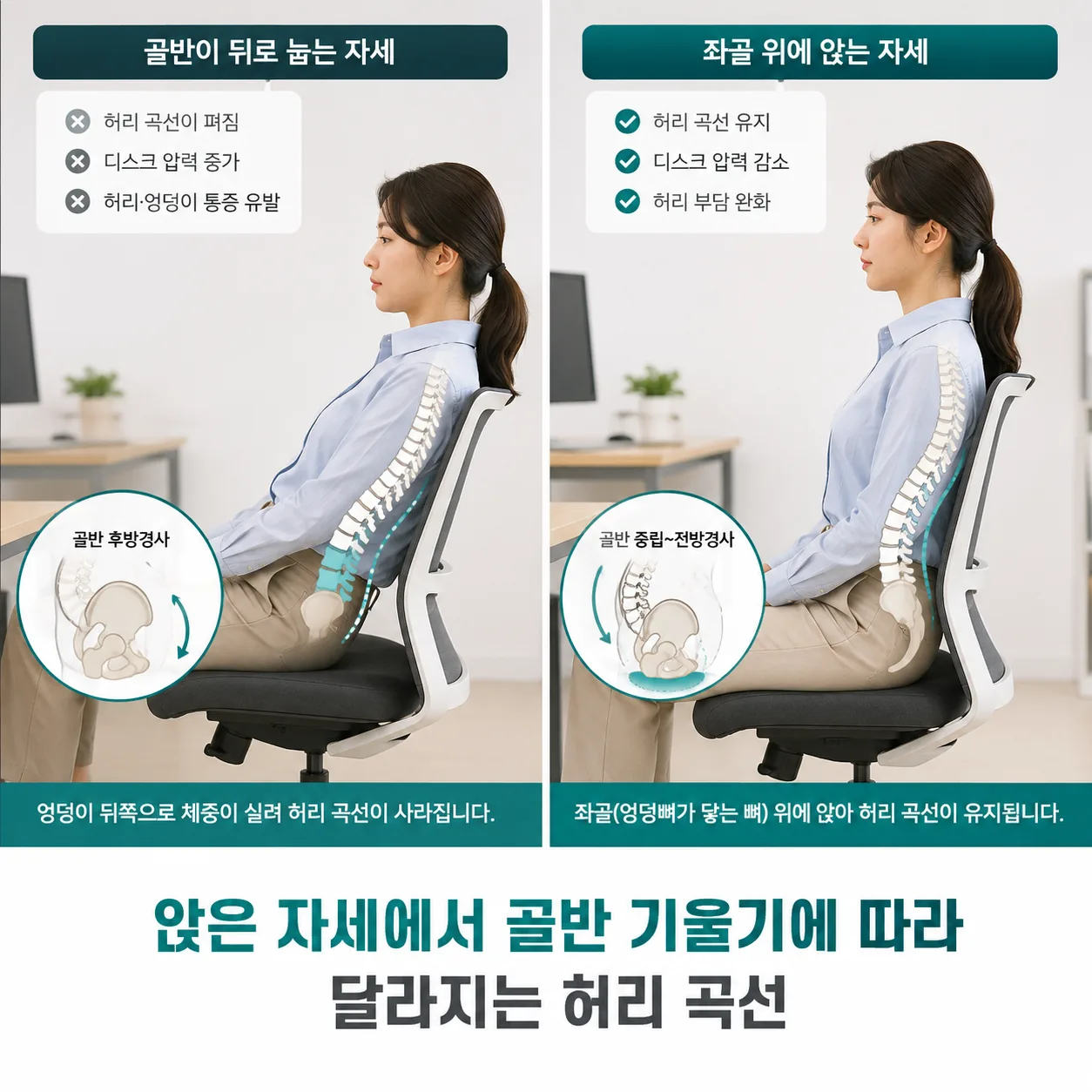 앉은 자세에서 골반 기울기에 따라 달라지는 허리 곡선 비교