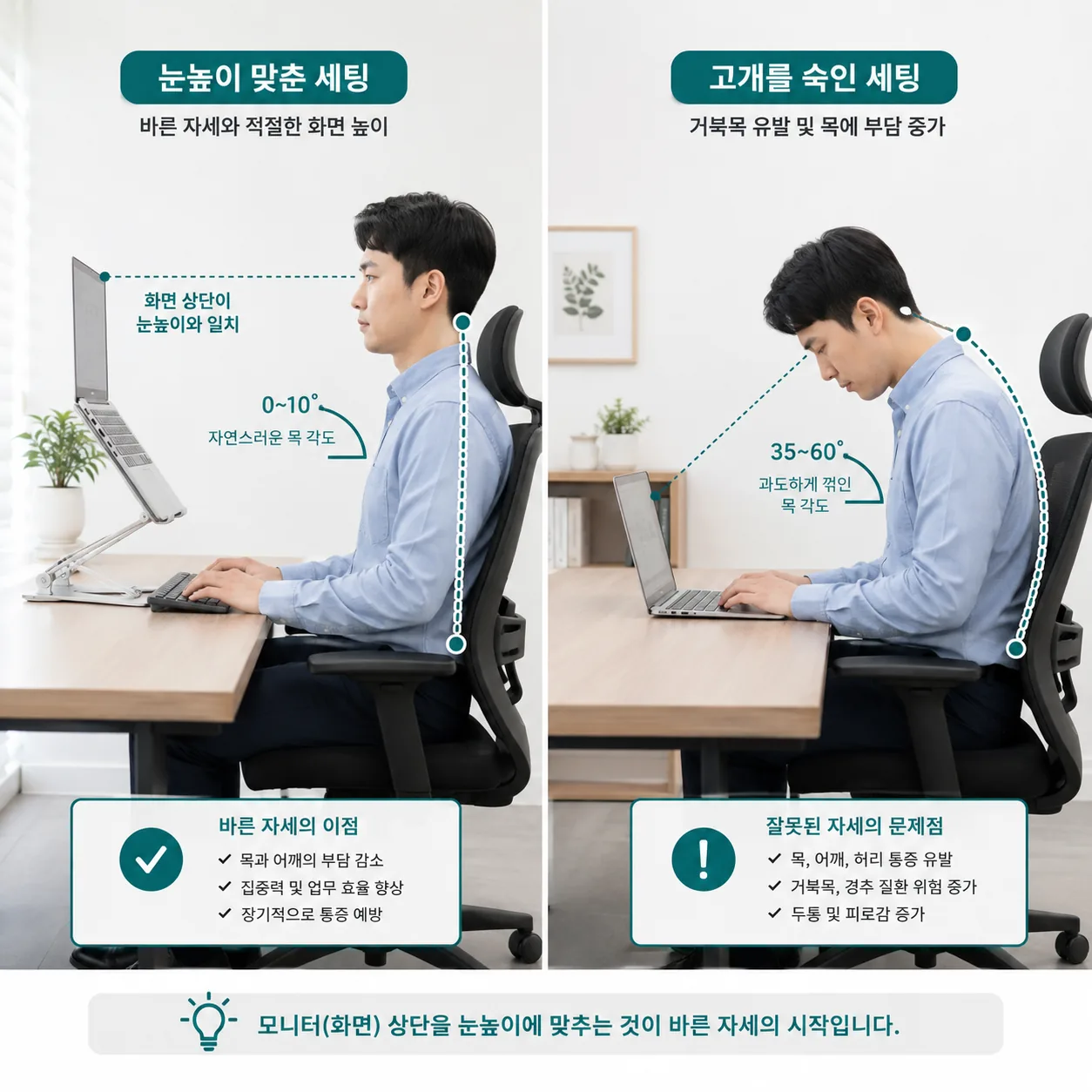 모니터 눈높이를 맞춘 책상 세팅과 그렇지 않은 세팅의 목 각도 차이
