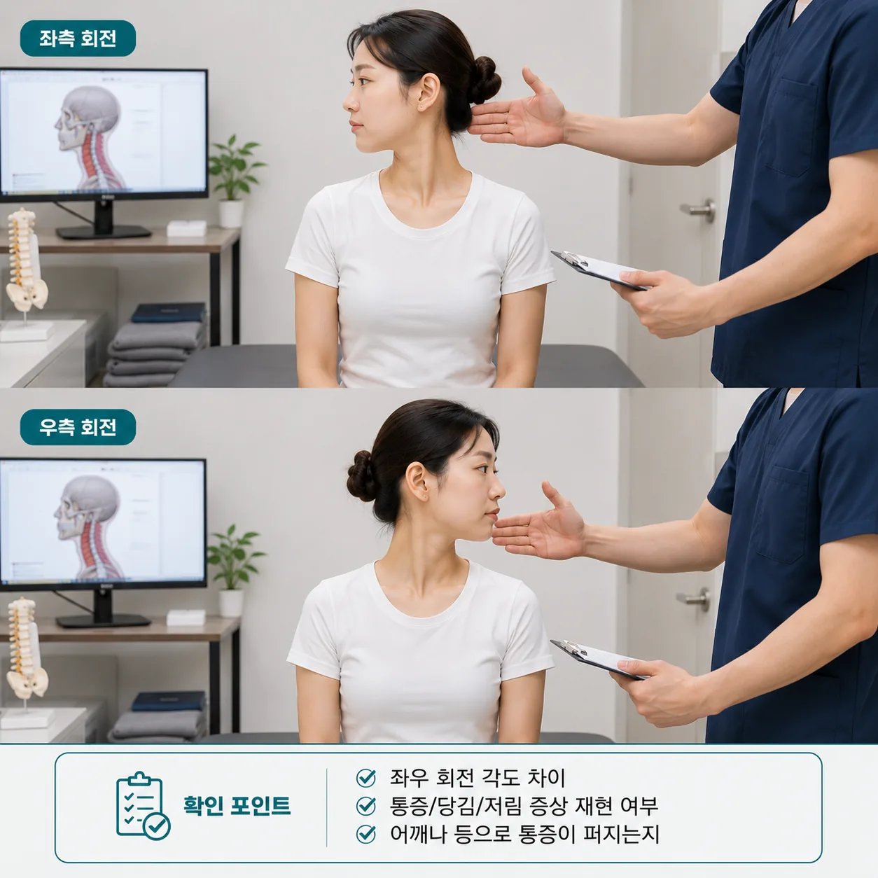 목 회전 각도와 통증 재현 동작을 확인하는 진찰 장면