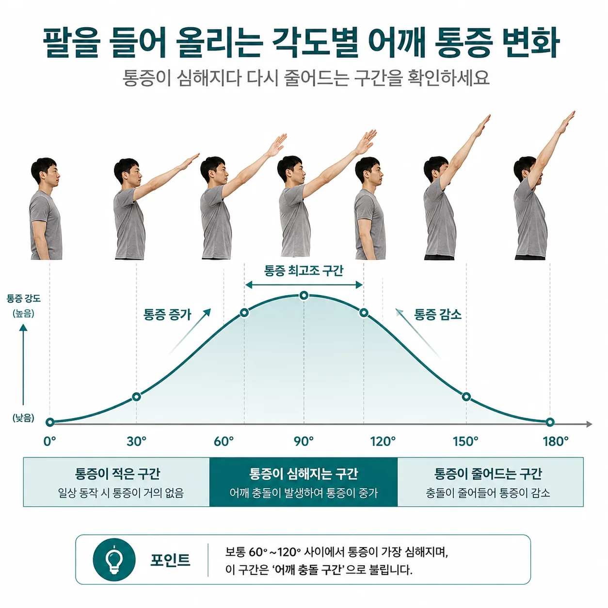 팔을 들어 올리는 각도별 어깨 통증 변화를 보여주는 도해