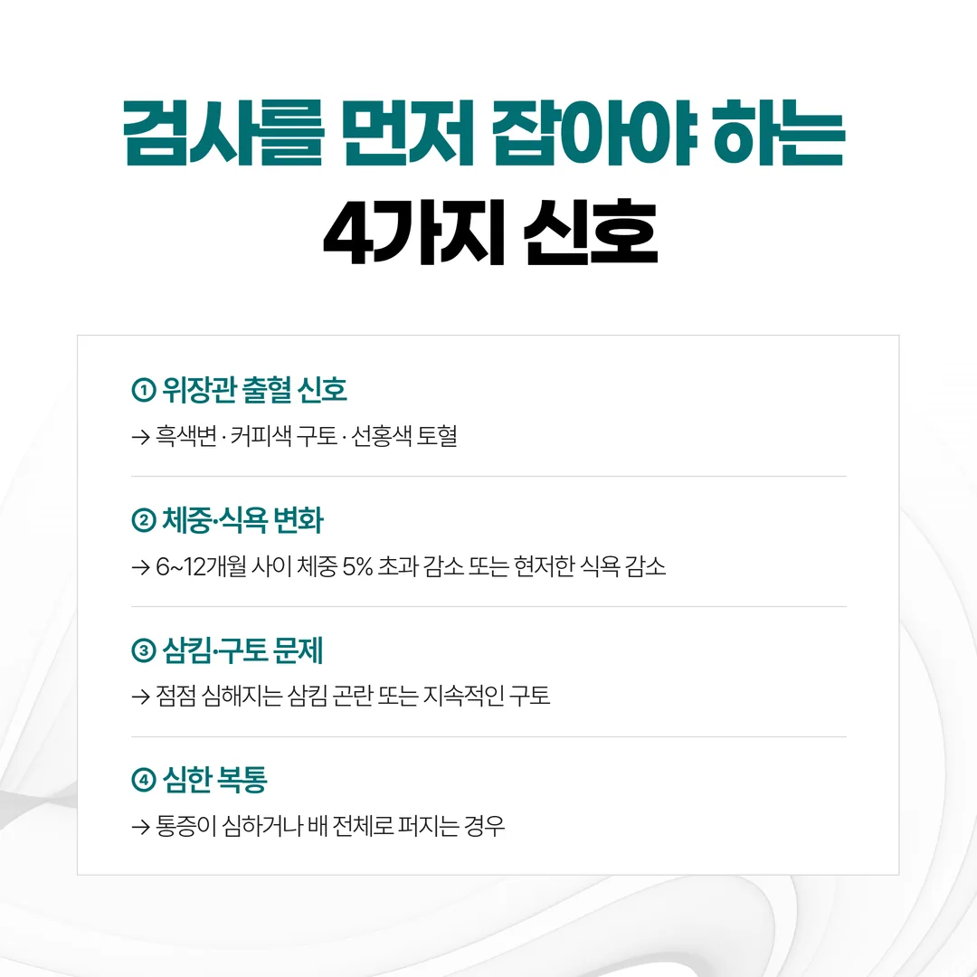 담적으로 불리는 더부룩함에서 검사가 먼저인 네 가지 신호와 각각의 시점 흐름도