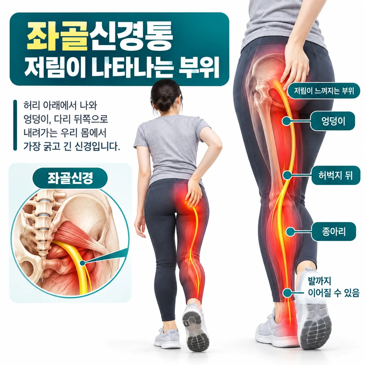 좌골신경통이 나타나는 엉덩이와 다리 뒤쪽 방사통 부위