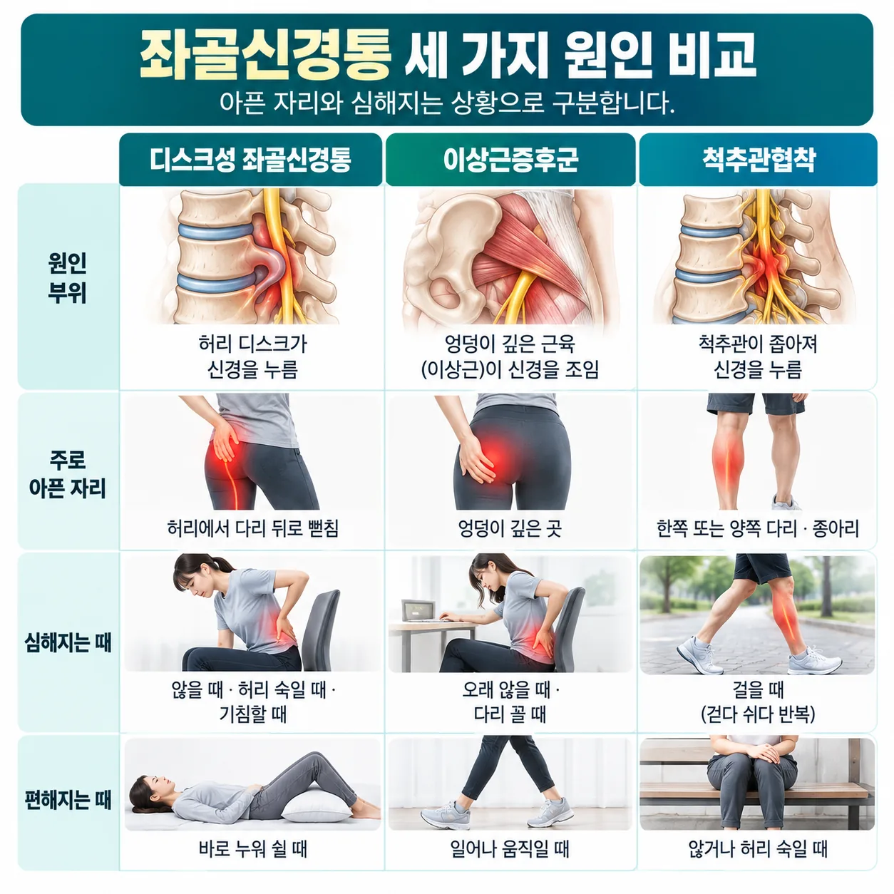 좌골신경통 세 가지 원인을 아픈 자리와 심해지는 상황으로 구분한 표
