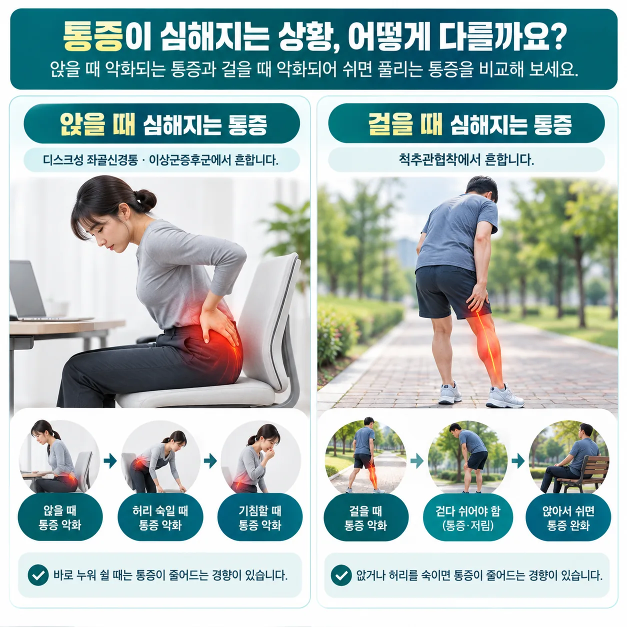 앉을 때 악화되는 통증과 걸을 때 악화되어 쉬면 풀리는 통증을 비교한 그림