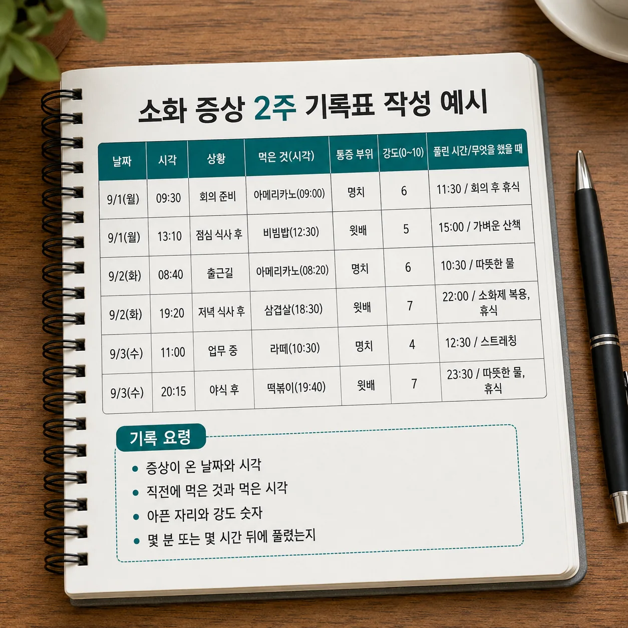 소화 증상 2주 기록표 작성 예시