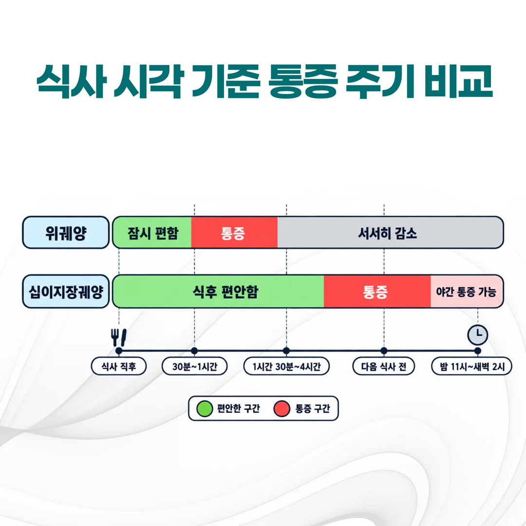 위궤양과 십이지장궤양의 통증 주기를 식사 시각 기준으로 비교한 그래프